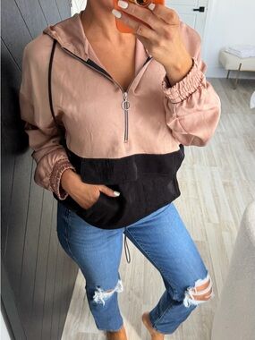 Zara Pink and Black Colorblock Half-Zip Hooded Pullover